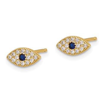 Sterling Silver Gold-tone CZ & Synthetic Blue Spinel Evil Eye Post Earrings — alternate view