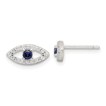 Sterling Silver E-Coating Polished Blue & White CZ Evil Eye Post Earrings