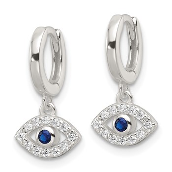 Sterling Silver E-Coating Blue & White CZ Evil Eye Dangle Hoop Earrings — alternate view