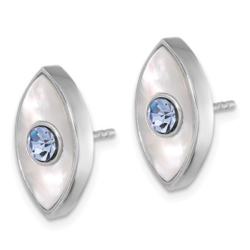 Sterling Silver RH-plated Polished MOP & Blue Crystal Evil Eye Post Earring — alternate view