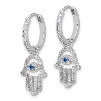 Sterling Silver RH-pltd Blue/White CZ Evil Eye Hamsa Dangle Hoop Earrings — alternate view