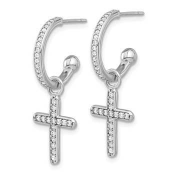 Sterling Silver Polished CZ Dangle Cross Post C-Hoop Earrings — alternate view