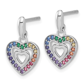 Sterling Silver Rhodium-plated Polished Multi-color Crystal Double Heart Children's Post Dangle Earrings — alternate view