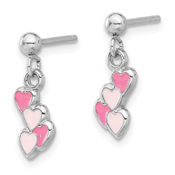 Sterling Silver Rhodium-plated Pink Enameled Hearts Children's Post Dangle Earrings — alternate view