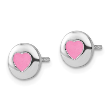 Sterling Silver Rhodium-plated Pink Enameled Heart Circle Children's Post Earrings — alternate view
