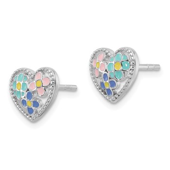 Sterling Silver Rhodium-plated Polished & Beaded Multi-color Enameled Floral Heart Children's Post Earrings — alternate view