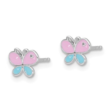 Sterling Silver RH-pltd Blue/Pink Enamel Butterfly Children's Post Earrings — alternate view