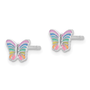 Sterling Silver RH-plated Rainbow Enamel Butterfly Children's Post Earrings — alternate view