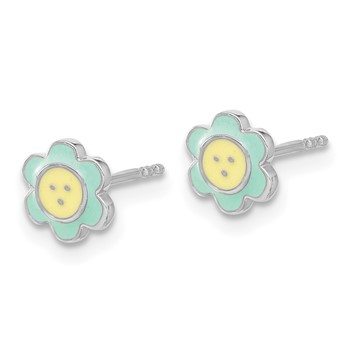 Sterling Silver Rhodium-plated Enamel Flower Children's Post Earrings — alternate view