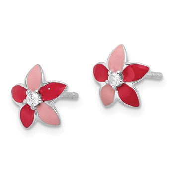 Sterling Silver RH-plated Pink Enamel & CZ Flower Children's Post Earrings — alternate view