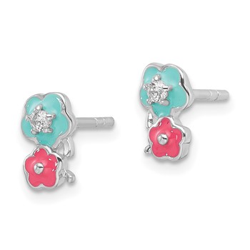 Sterling Silver RH-plated CZ & Enamel Flowers Children's Post Earrings — alternate view