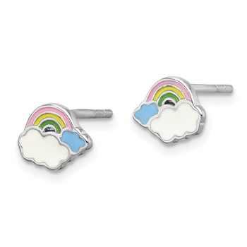 Sterling Silver Rhodium-plated Multicolor Enameled Rainbow & Clouds Children's Post Earrings — alternate view