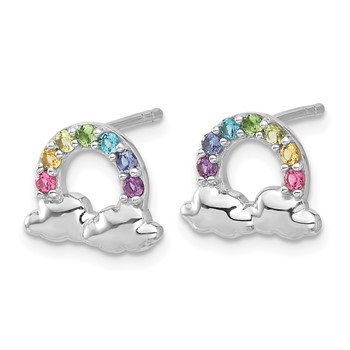 Sterling Silver Rhodium-plated Polished Crystal Rainbow & Clouds Children's Post Earrings — alternate view