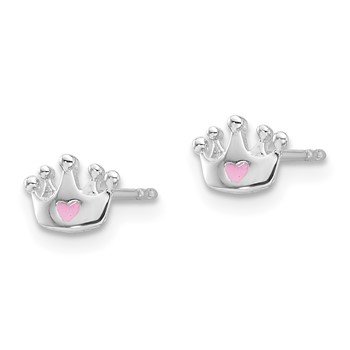Sterling Silver RH-plated Pink Enamel Heart Crown Children's Post Earrings — alternate view