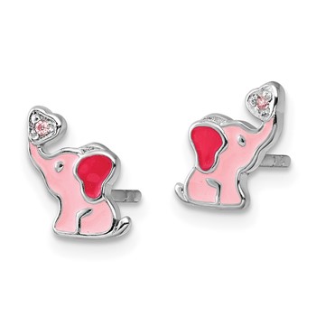 Sterling Silver RH-pltd Pink Enamel & CZ Elephant Children's Post Earrings — alternate view
