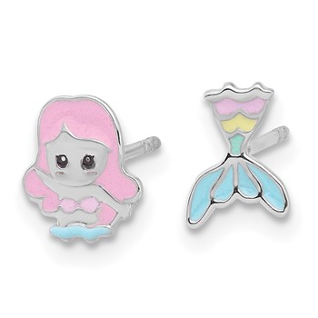 Sterling Silver RH-pltd Multicolor Enamel Mermaid Children's Post Earrings — alternate view