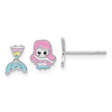 Image of Sterling Silver RH-pltd Multicolor Enamel Mermaid Children's Post Earrings