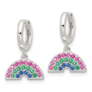 Sterling Silver E-Coating Polished Multicolor CZ Dangle Rainbow Children's Round Hoop Earrings — alternate view