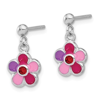 Sterling Silver Rhodium-plated Polished & Multi-color Enameled Red Crystal Flower Children's Post Dangle Earrings — alternate view