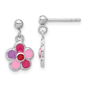 Sterling Silver Rhodium-plated Polished & Multi-color Enameled Red Crystal Flower Children's Post Dangle Earrings