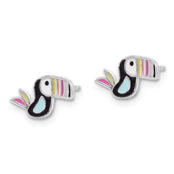 Sterling Silver Rhodium-plated Polished Multi-color Enameled Toucan Bird Children's Post Earrings — alternate view