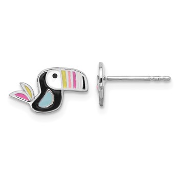 Sterling Silver Rhodium-plated Polished Multi-color Enameled Toucan Bird Children's Post Earrings