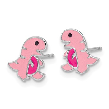 Sterling Silver Rhodium-plated Polished Pink Enamel Dinosaur Children's Post Earrings — alternate view