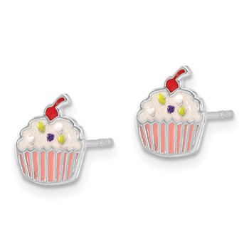 Sterling Silver Rhodium-plated Polished Multi-color Enamel Cupcake Children's Post Earrings — alternate view