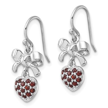 Sterling Silver Rh-plated Polish Garnet Heart/Bow Shepherd Hook Earrings — alternate view
