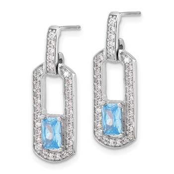 Sterling Silver Rh-plated Polished Blue Topaz and CZ Post Dangle Earrings — alternate view