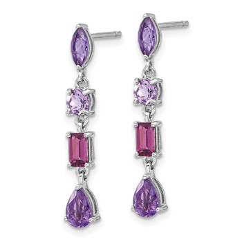 Sterling Silver RH-plated Amethyst Rhodolite Pink Quartz Dangle Earrings — alternate view