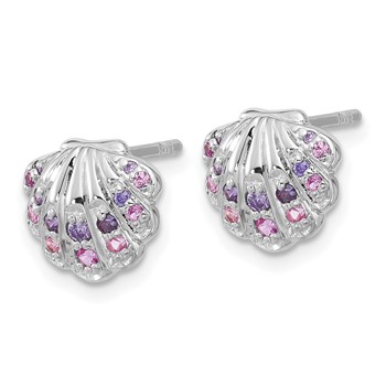 Sterling Silver Rh-plated Polished CZ Shell Post Earrings — alternate view