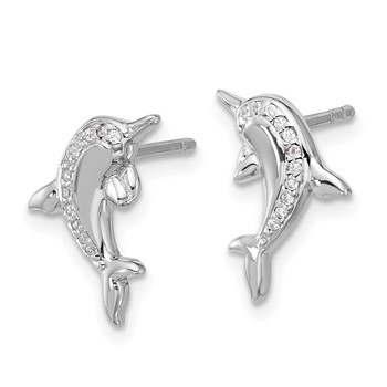 Sterling Silver Rhodium-plated Polished CZ Dolphin Post Earrings — alternate view