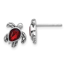 Image of Sterling Silver Rhodium-plated Polished and Antiqued Red Crystal January Birthstone Turtle Earrings