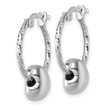 Sterling Silver Rhodium-plated Twisted Diamond-cut with Puffed Heart Bead Hoop Earrings — alternate view