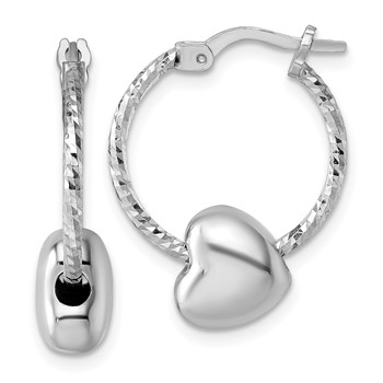 Sterling Silver Rhodium-plated Twisted Diamond-cut with Puffed Heart Bead Hoop Earrings