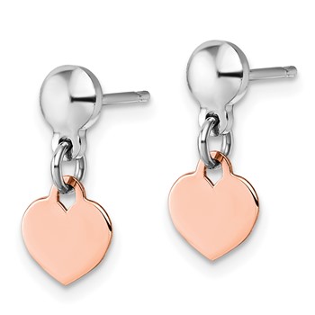 Sterling Silver Rhodium-plated Rose Gold-plated Heart Disc Dangle Post Earrings — alternate view