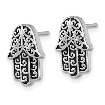 Sterling Silver Rhodium-plated Polished and Oxidized Filigree Hamsa Post Earrings — alternate view