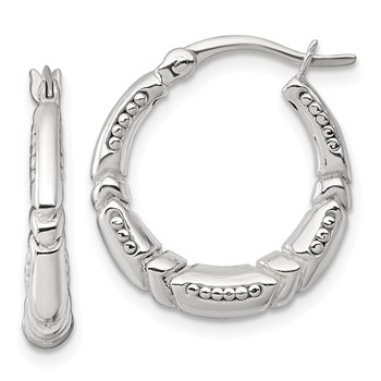 Sterling Silver Polished Beaded and Grooved Round Hollow Hoop Earrings