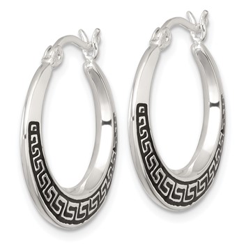 Sterling Silver Polished and Black Enameled Greek Key Round Graduated Hollow Hoop Earrings — alternate view