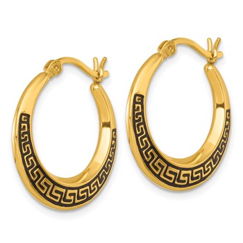 Sterling Silver Gold-tone Polished and Black Enameled Greek Key Round Graduated Hollow Hoop Earrings — alternate view
