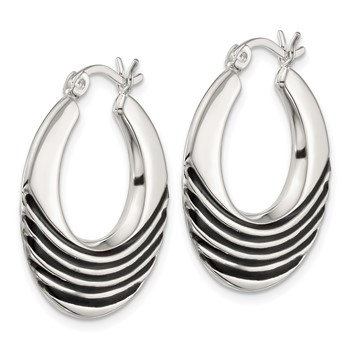 Sterling Silver Polished with Black Enamel Stripes Round Hollow Hoop Earrings — alternate view