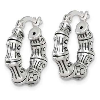 Sterling Silver Antiqued Textured Bamboo Round Hoop Earrings — alternate view