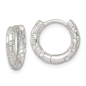 Sterling Silver Polished CZ Round Hinged Hoop Earrings