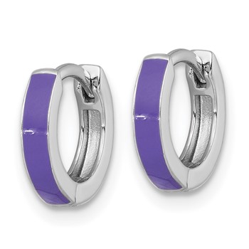 Sterling Silver Rhodium-plated Polished Purple Enameled Hinged Round Hoop Earrings — alternate view