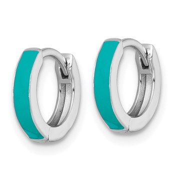 Sterling Silver Rhodium-plated Polished Teal Enameled Hinged Round Hoop Earrings — alternate view