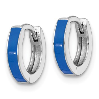 Sterling Silver Rhodium-plated Polished Blue Enameled Hinged Round Hoop Earrings — alternate view