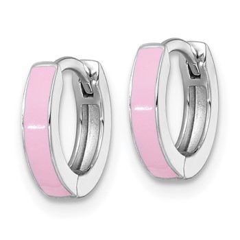 Sterling Silver Rhodium-plated Polished Pink Enameled Hinged Round Hoop Earrings — alternate view