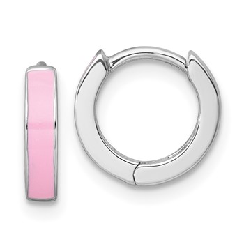 Sterling Silver Rhodium-plated Polished Pink Enameled Hinged Round Hoop Earrings
