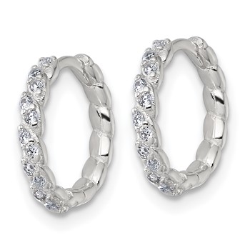 Sterling Silver Polished and Twisted 2.2mm x 12mm CZ Hinged Round Hoop Earrings — alternate view